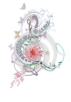 Abstract treble clef decorated with summer and spring flowers, palm leaves, notes, birds. photo